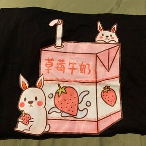 Black shirt. Cute bunny and juice box